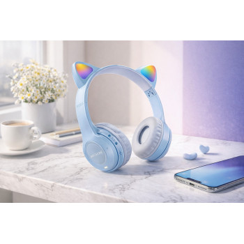 Бездротові навушники з котячими вушками та лід підсвічуванням Cat Ear Y47 Led, Bluetooth навушники з мікрофоном Блакитний