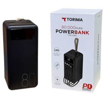 Повербанк Torima TRM-1080 22,5W / 80000 mAh, з ліхтариком, 3 кабелі / Портативний акумулятор / УМБ Power Bank