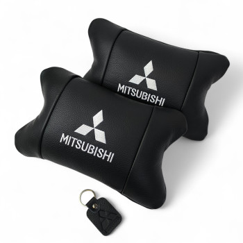 Подушки Mitsubishi з натуральної шкіри, Автоподушки на підголовник + шкіряний брелок з логотипом