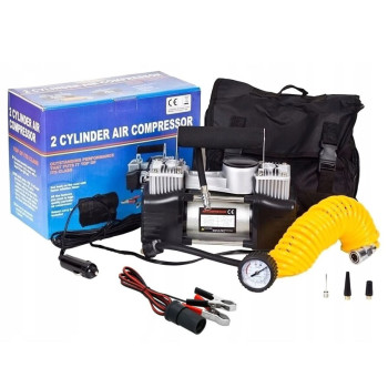 Автомобільний компресор двопоршневий 12V з манометром та насадками