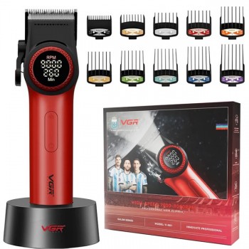 Професійна машинка для стрижки волосся VGR V-001 RED з дисплеєм 9000 об та 10 насадками (1,5-24 мм)