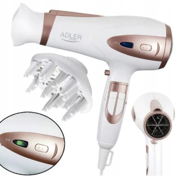 Електричний фен для волосся Adler AD-2248 White 2400 Вт для укладання та сушіння з насадками з іонізацією