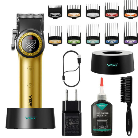Професійна машинка для стрижки волосся VGR V-001 з дисплеєм 9000 об/хв та 10 насадками. Колір: золотий