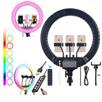 Кільцева LED лампа RGB MJ45 Ring 45cm комплектація адаптер із вбудованим кабелем, тримачі для телефону, пульт